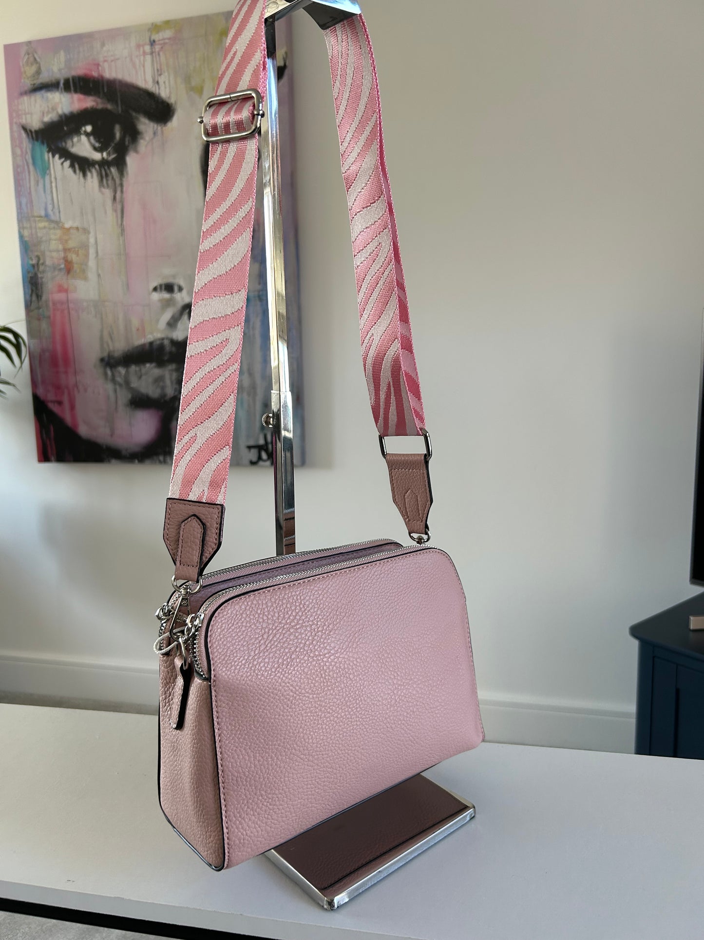 Shelley - baby pink crossbody bag with zebra print strap