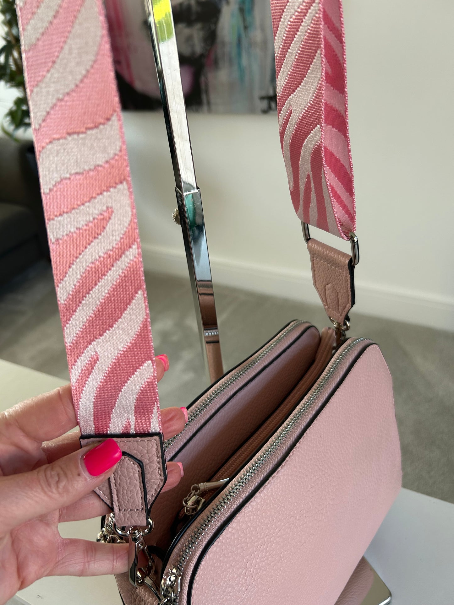 Shelley - baby pink crossbody bag with zebra print strap