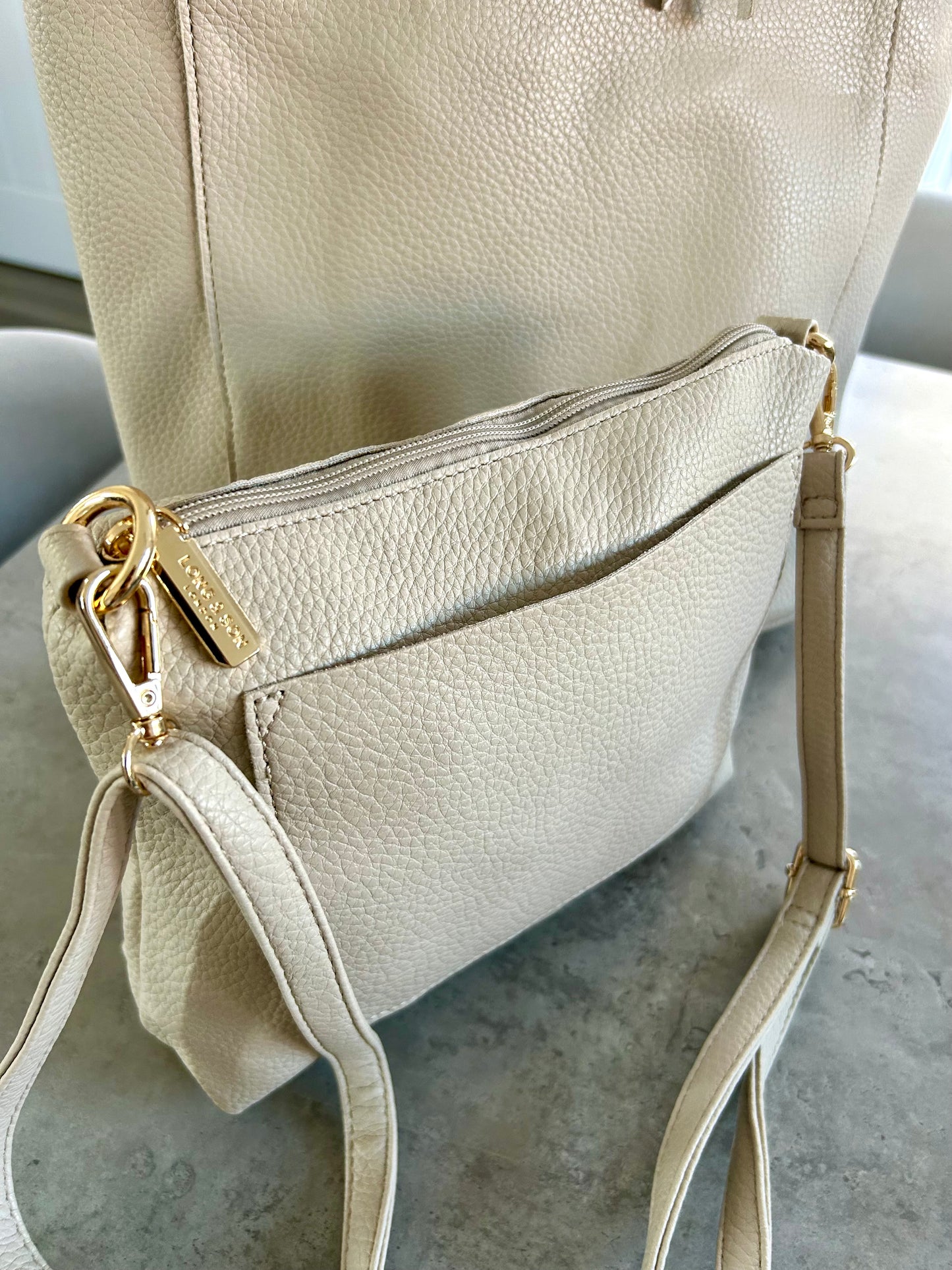 Sadie - Soft faux leather tote bag with matching crossbody bag - Beige