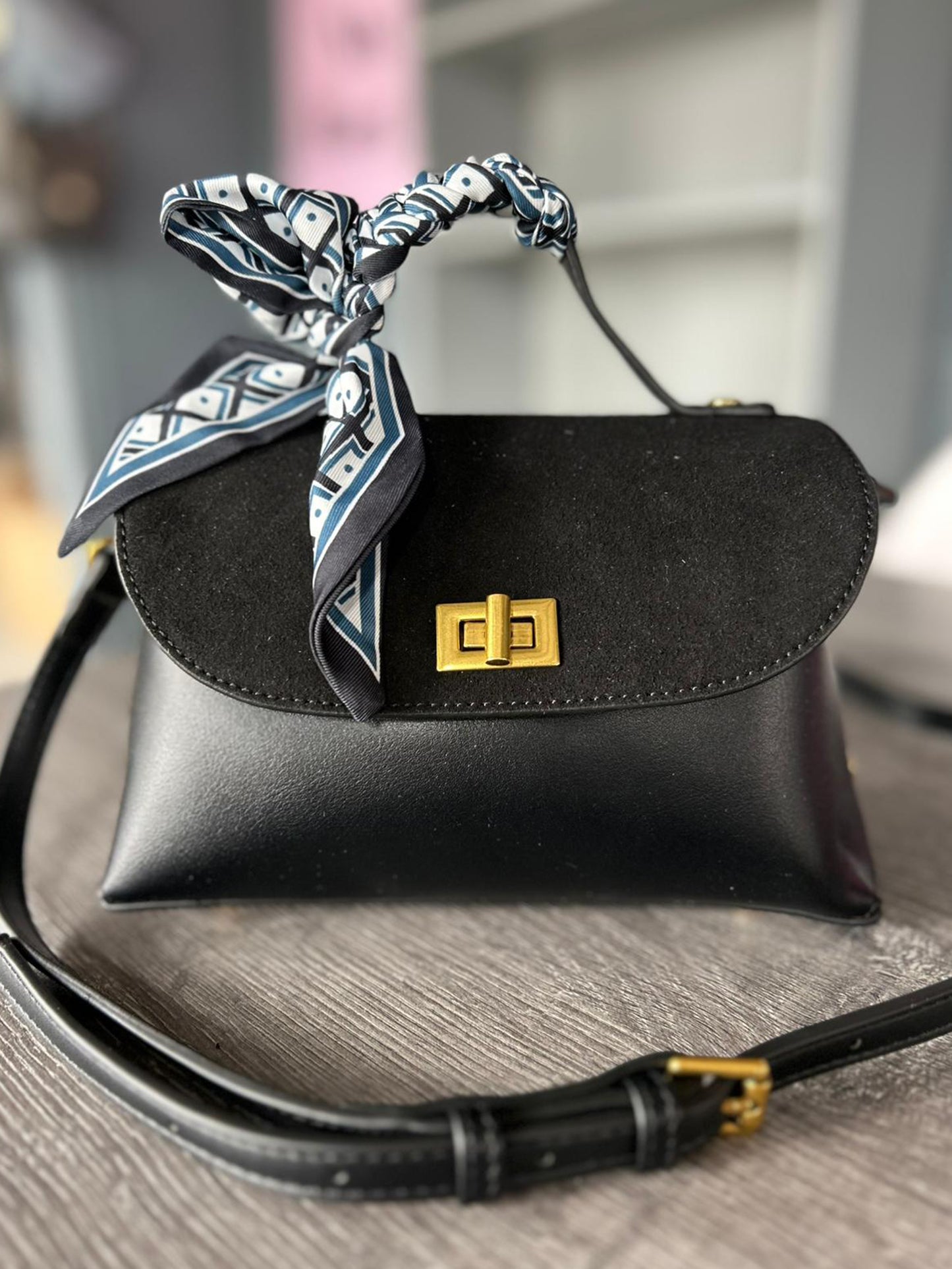 Belle - Faux Leather and Suede Scarf Handle Small Crossbody Bag