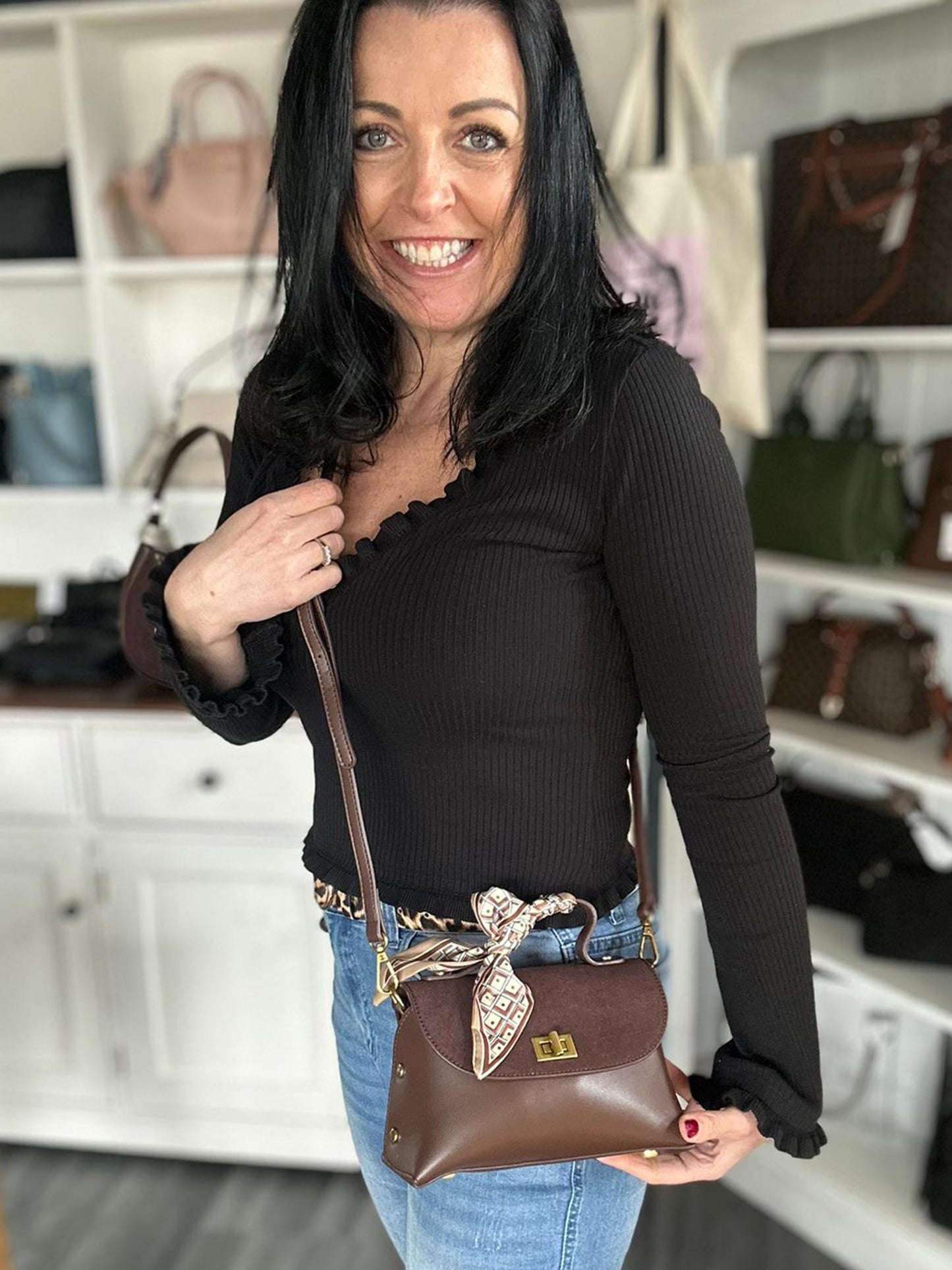 Belle - Faux Leather and Suede Scarf Handle Small Crossbody Bag