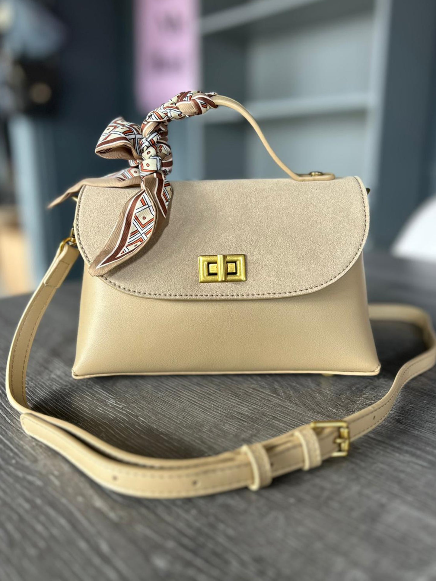 Belle - Faux Leather and Suede Scarf Handle Small Crossbody Bag