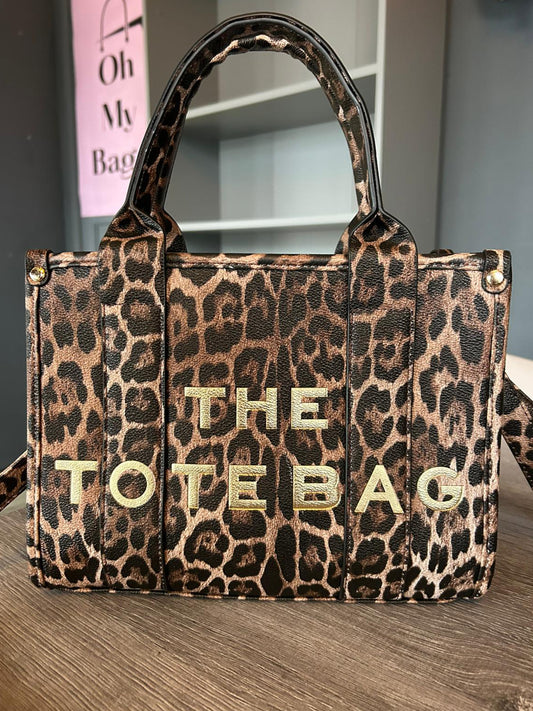 Charlie - Medium Leopard Print Faux Leather Tote Bag with Gold Lettering