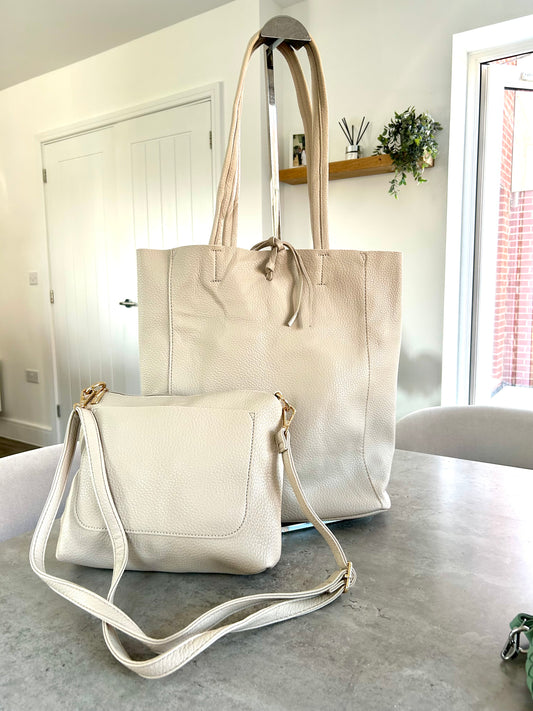 Sadie - Soft faux leather tote bag with matching crossbody bag - Beige