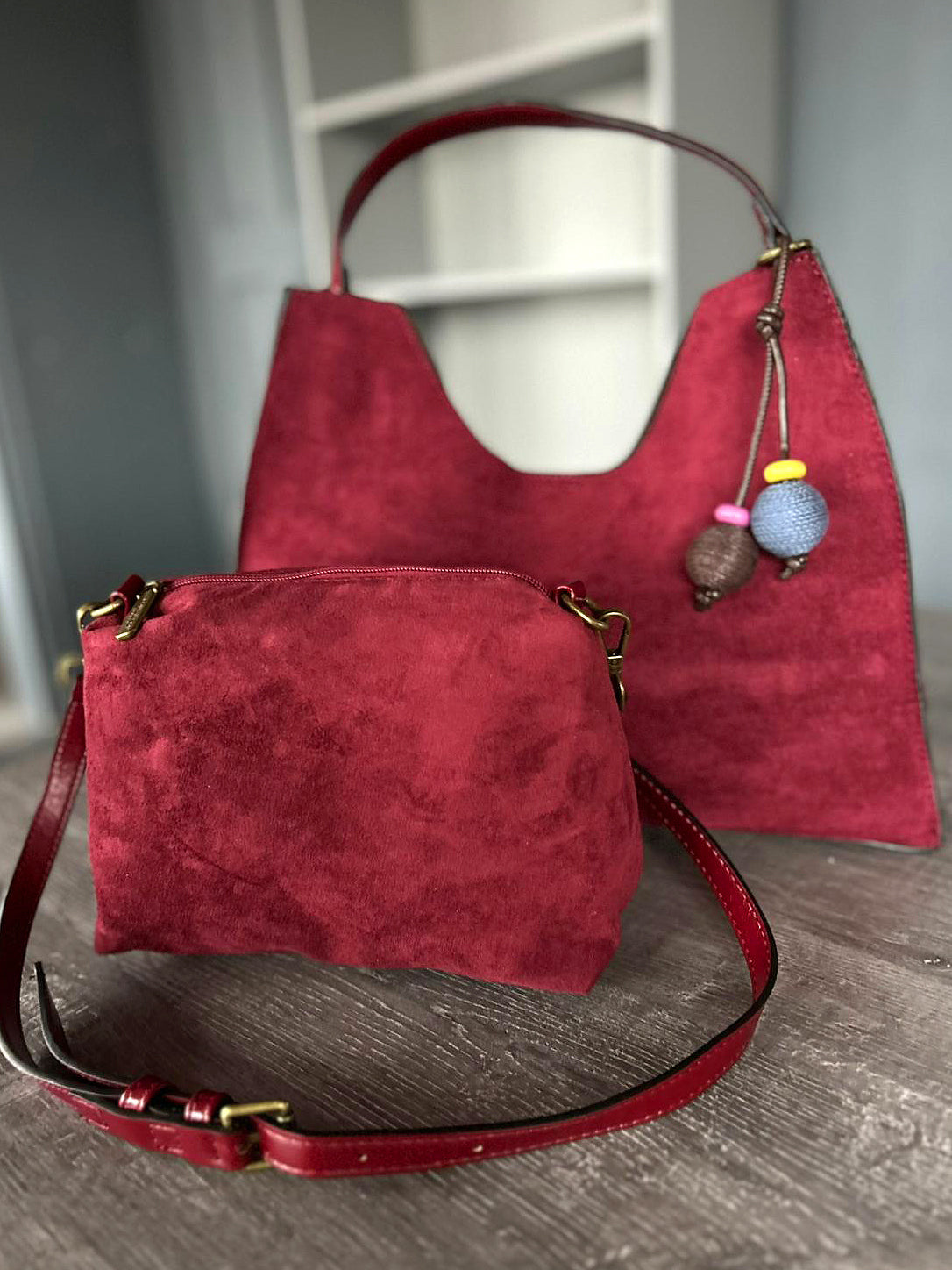 Harriott - wine faux suede 2 bag set