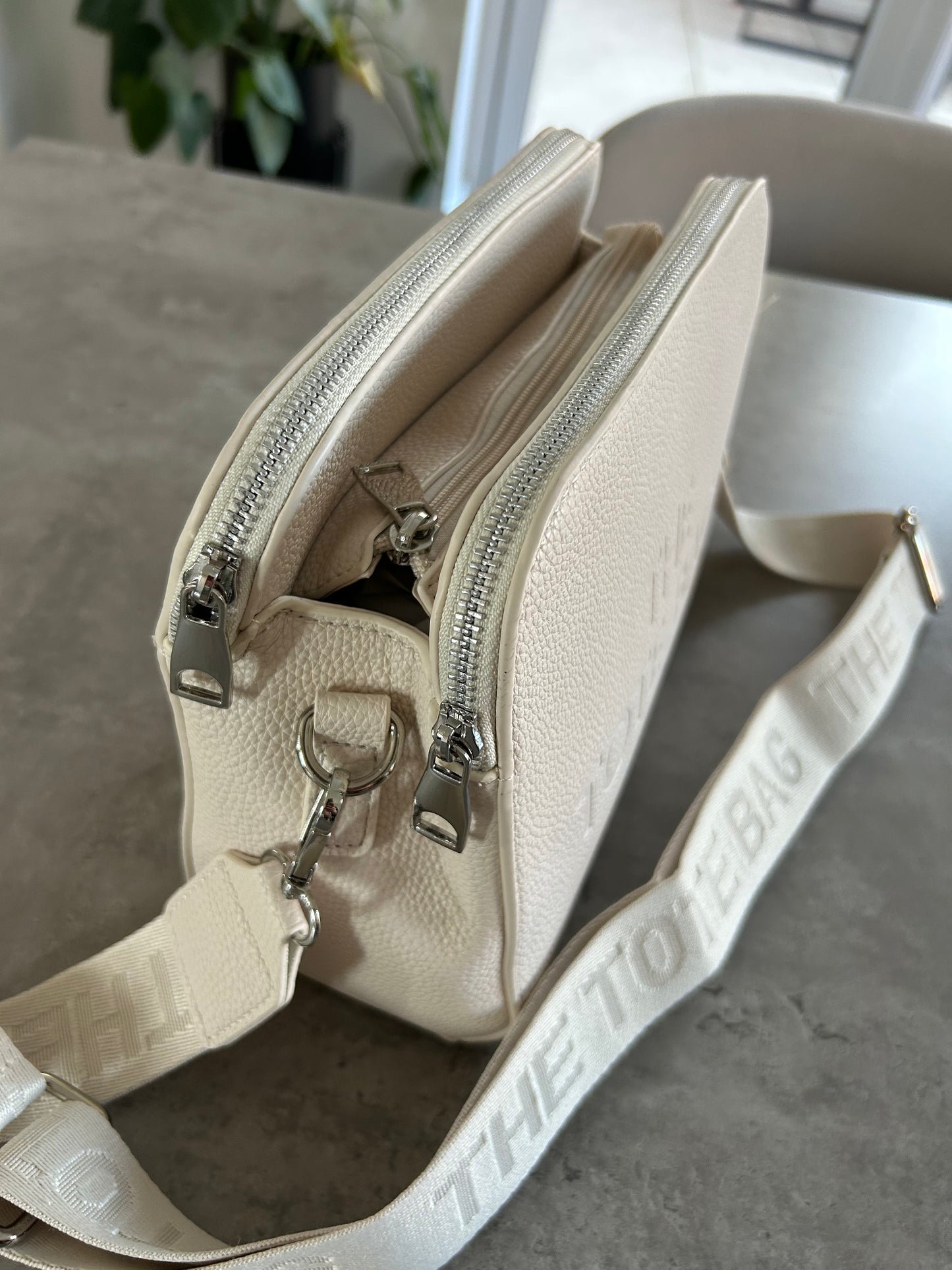 Emmie - Light Beige 3 Zip Crossbody Tote Bag