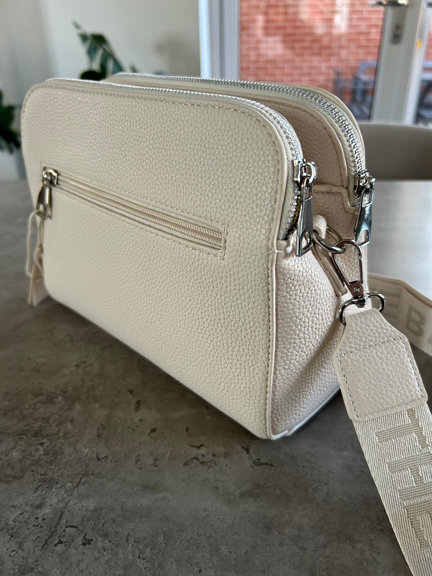 Emmie - Light Beige 3 Zip Crossbody Tote Bag