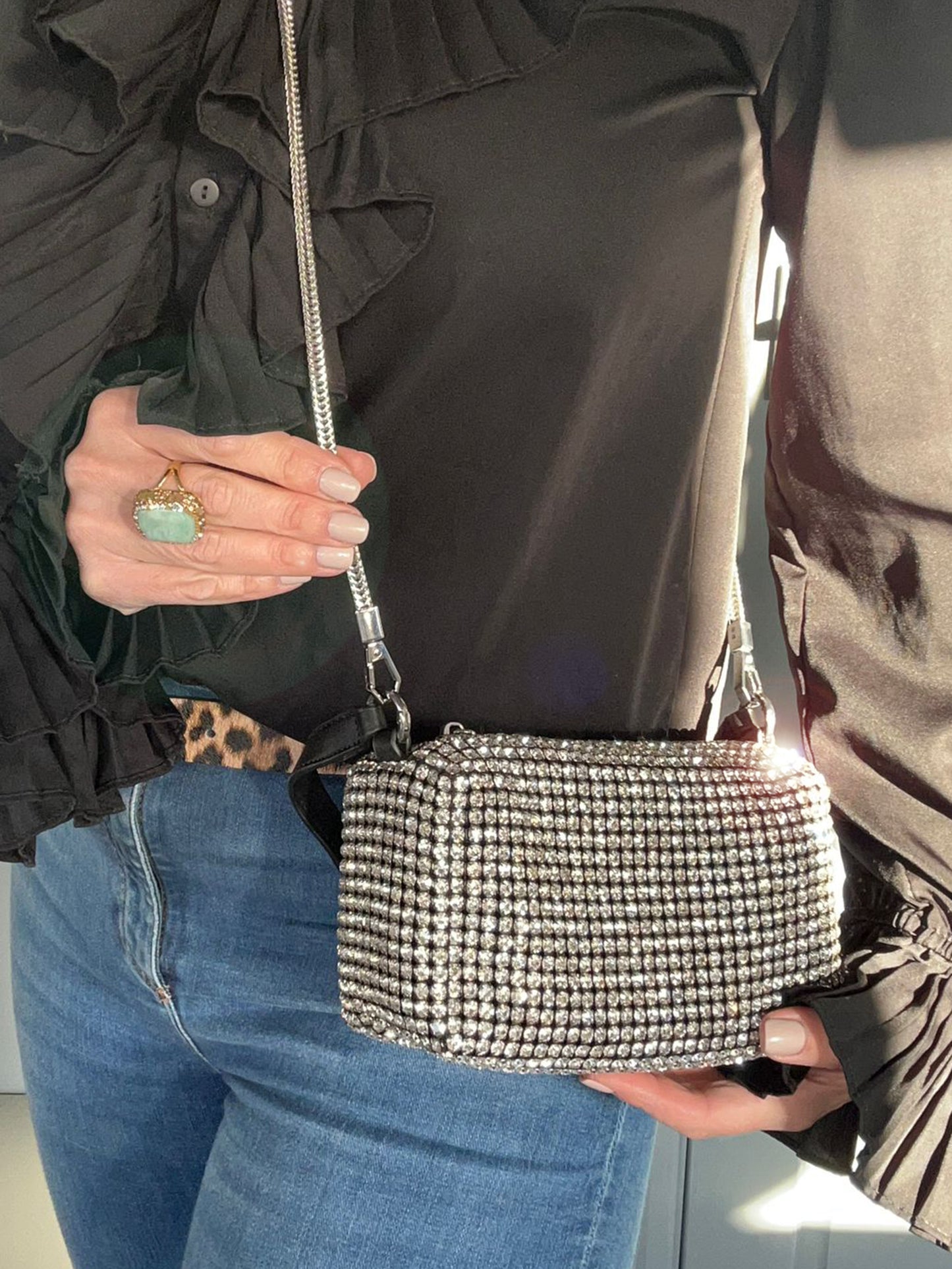 Jewel - Small Square Silver Diamanté Bag