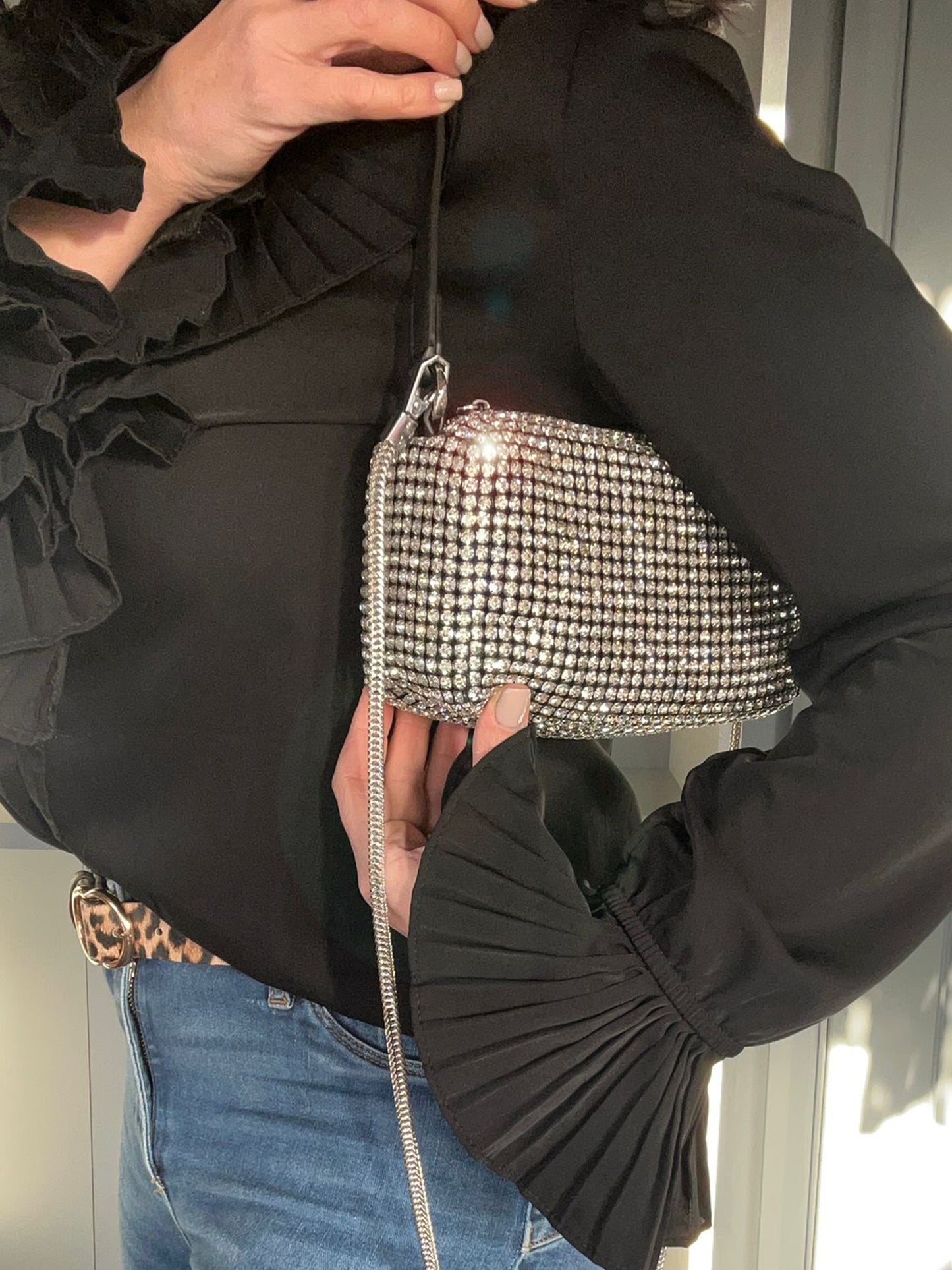 Jewel - Small Square Silver Diamanté Bag