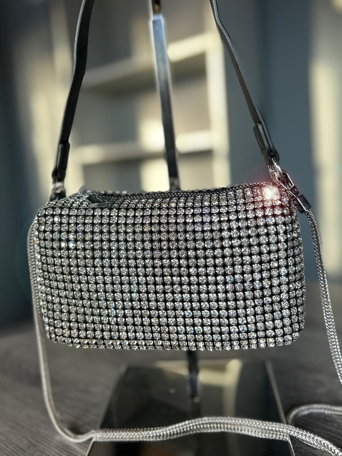 Jewel - Small Square Silver Diamanté Bag