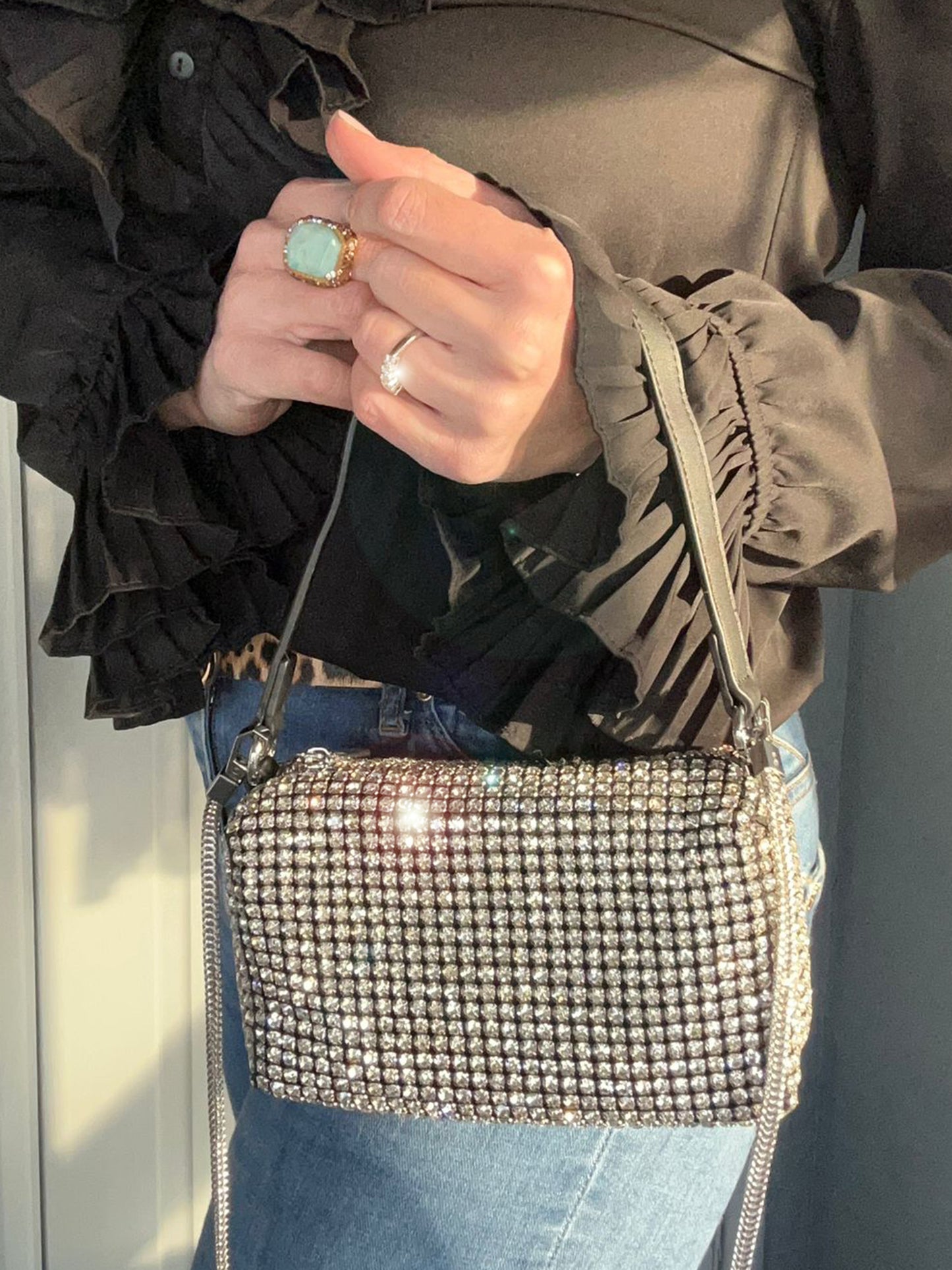 Jewel - Small Square Silver Diamanté Bag