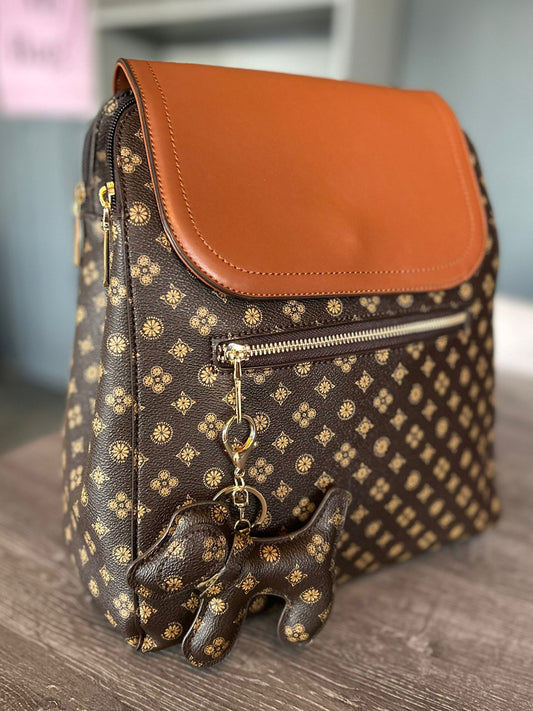 Lauren - Faux Leather Chocolate Brown Printed Backpack