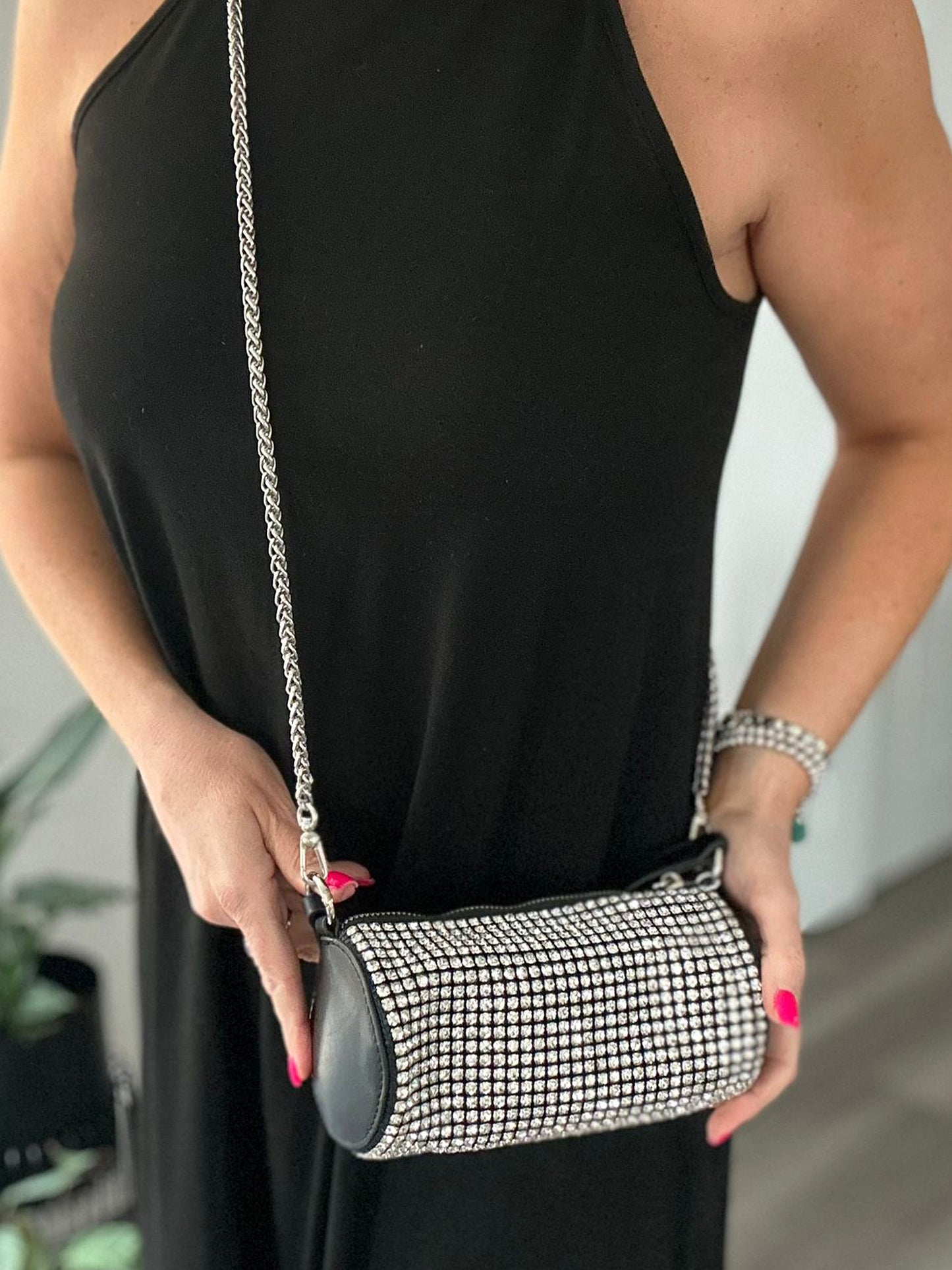 Mimi - Sparkle Faux Leather Diamanté Barrel Shoulder Bag