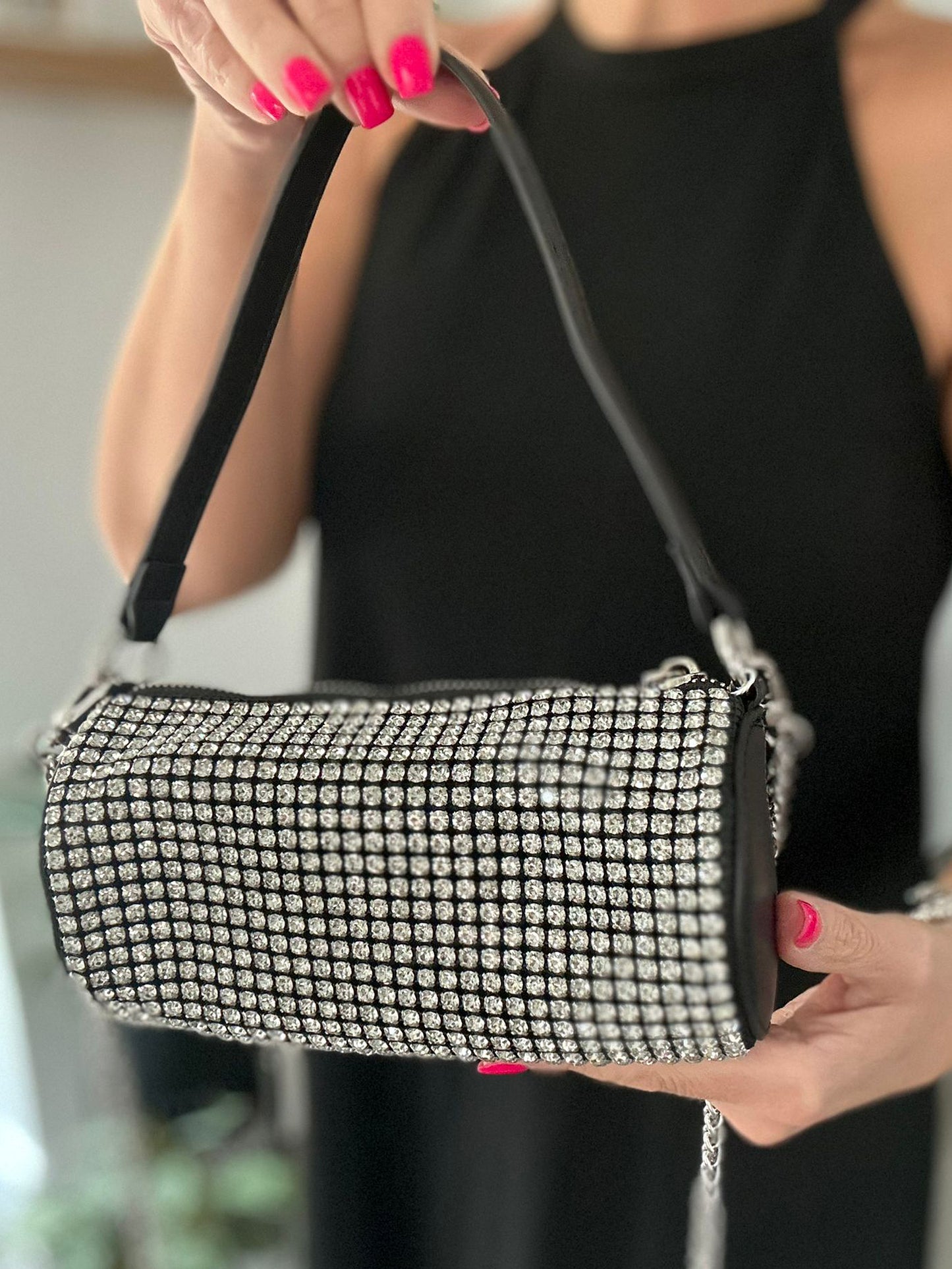 Mimi - Sparkle Faux Leather Diamanté Barrel Shoulder Bag