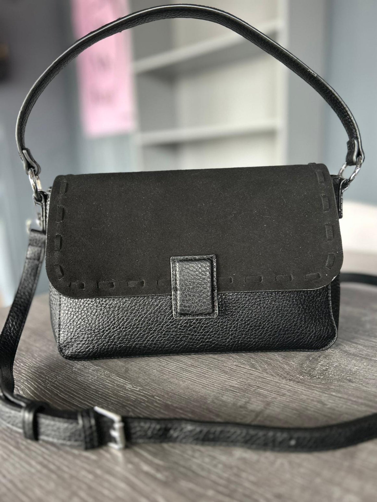 Thea - Faux Leather Shoulder Bag With Faux Suede